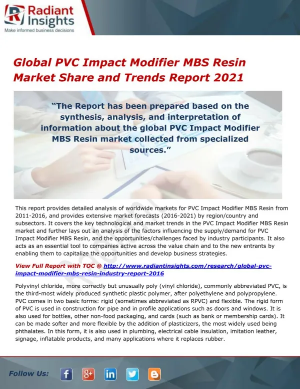 Global PVC Impact Modifier MBS Resin Market Opportunities and Outlook 2021