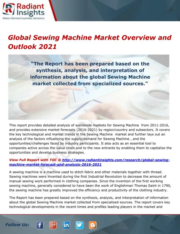 Global Sewing Machine Market Analysis, Opportunities and Outlook 2021