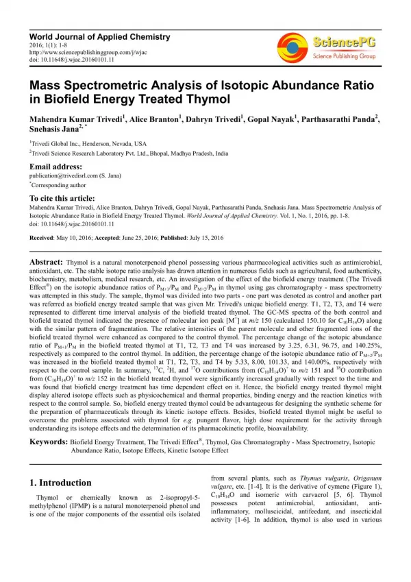 Mass Spectrometric Analysis of Isotopic Abundance Ratio in Biofield Energy Treated Thymol