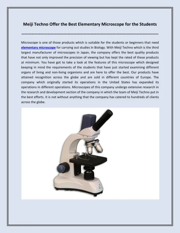 Meiji Techno Offer the Best Elementary Microscope for the Students