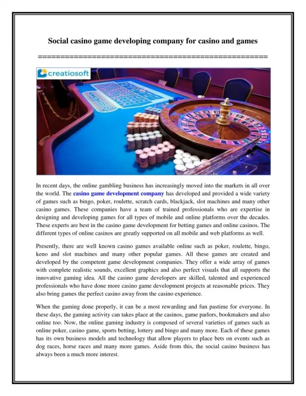 Social casino game developing company for casino and games