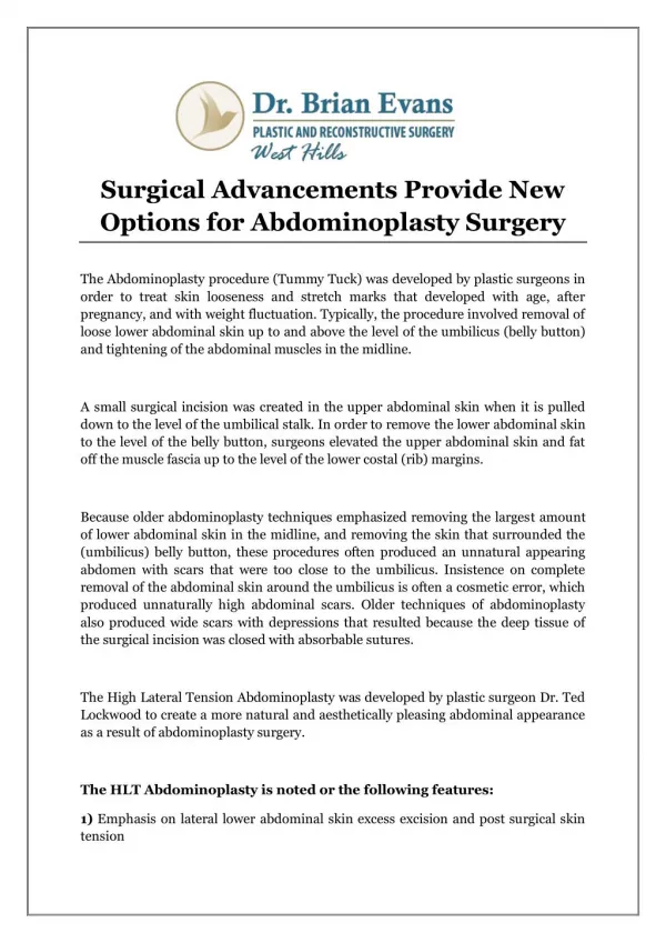 Surgical Advancements Provide New Options for Abdominoplasty Surgery