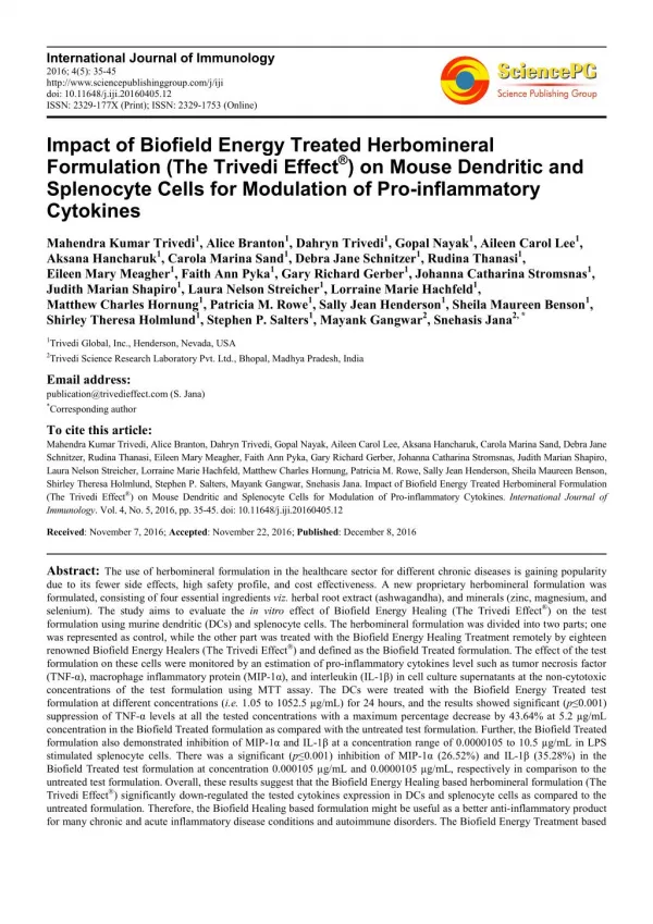 Impact of Biofield Energy Treated Herbomineral Formulation (The Trivedi Effect®) on Mouse Dendritic and Splenocyte Cells