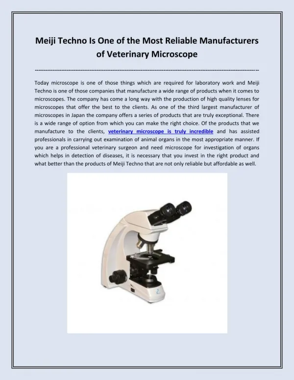 Meiji Techno Is One of the Most Reliable Manufacturers of Veterinary Microscope