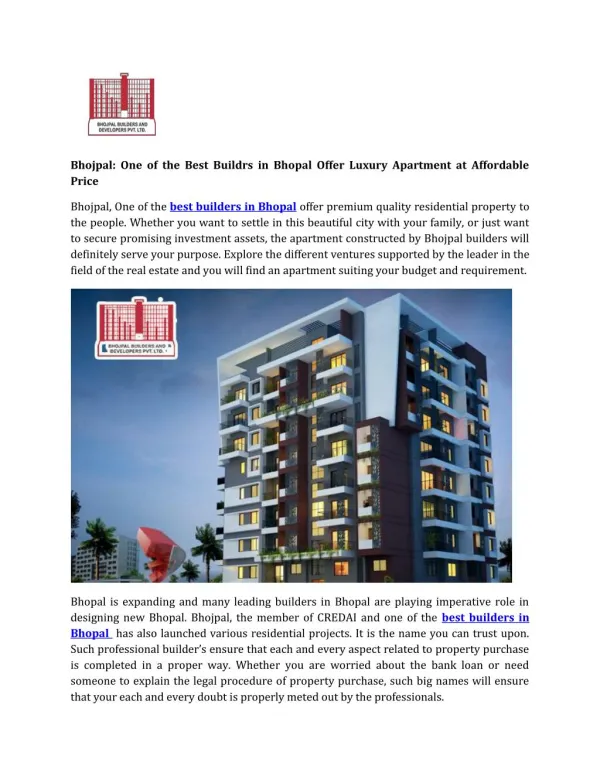 Bhojpal: One of the Best Buildrs in Bhopal Offer Luxury Apartment at Affordable Price