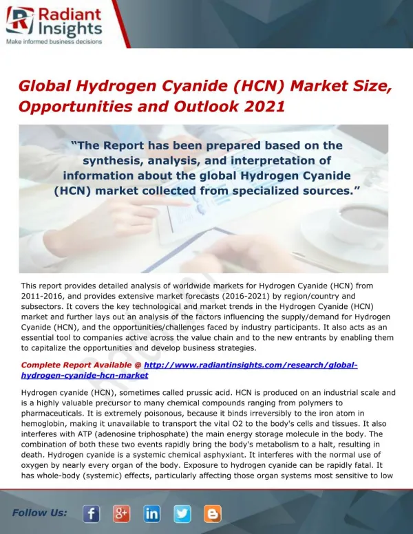 Global Hydrogen Cyanide (HCN) Market Size, Share and Forecast Report 2021