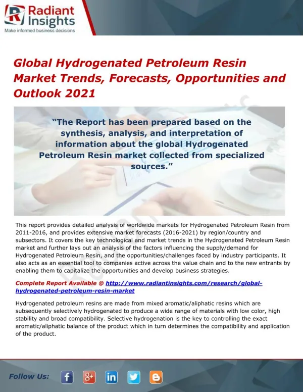 Global Hydrogenated Petroleum Resin Market Trends and Forecast Report 2021