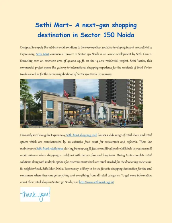 Sethi Mart Commercial shops in Sector 150 Noida
