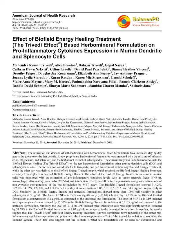 Effect of Biofield Energy Healing Treatment (The Trivedi Effect®) Based Herbomineral Formulation on Pro-Inflammatory Cyt