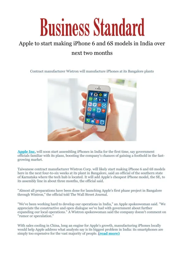 Apple to start making iPhone 6 and 6S models in India over next two months