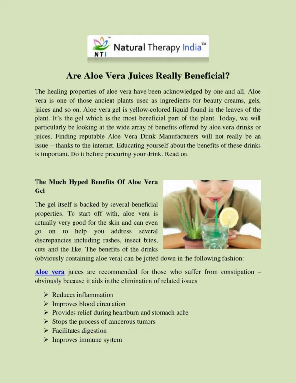 Aloe Vera Drink Manufacturers – Natural Therapy India
