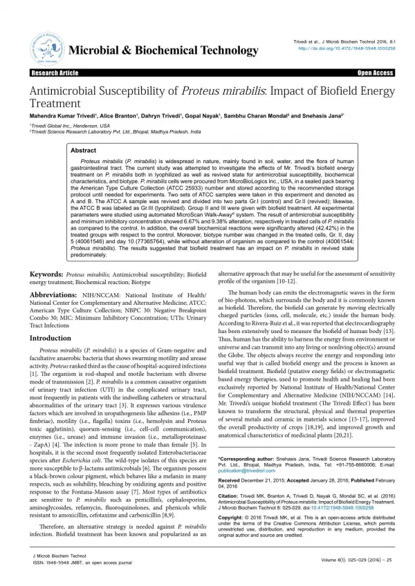 Antimicrobial Susceptibility of Proteus mirabilis: Impact of Biofield Energy Treatment