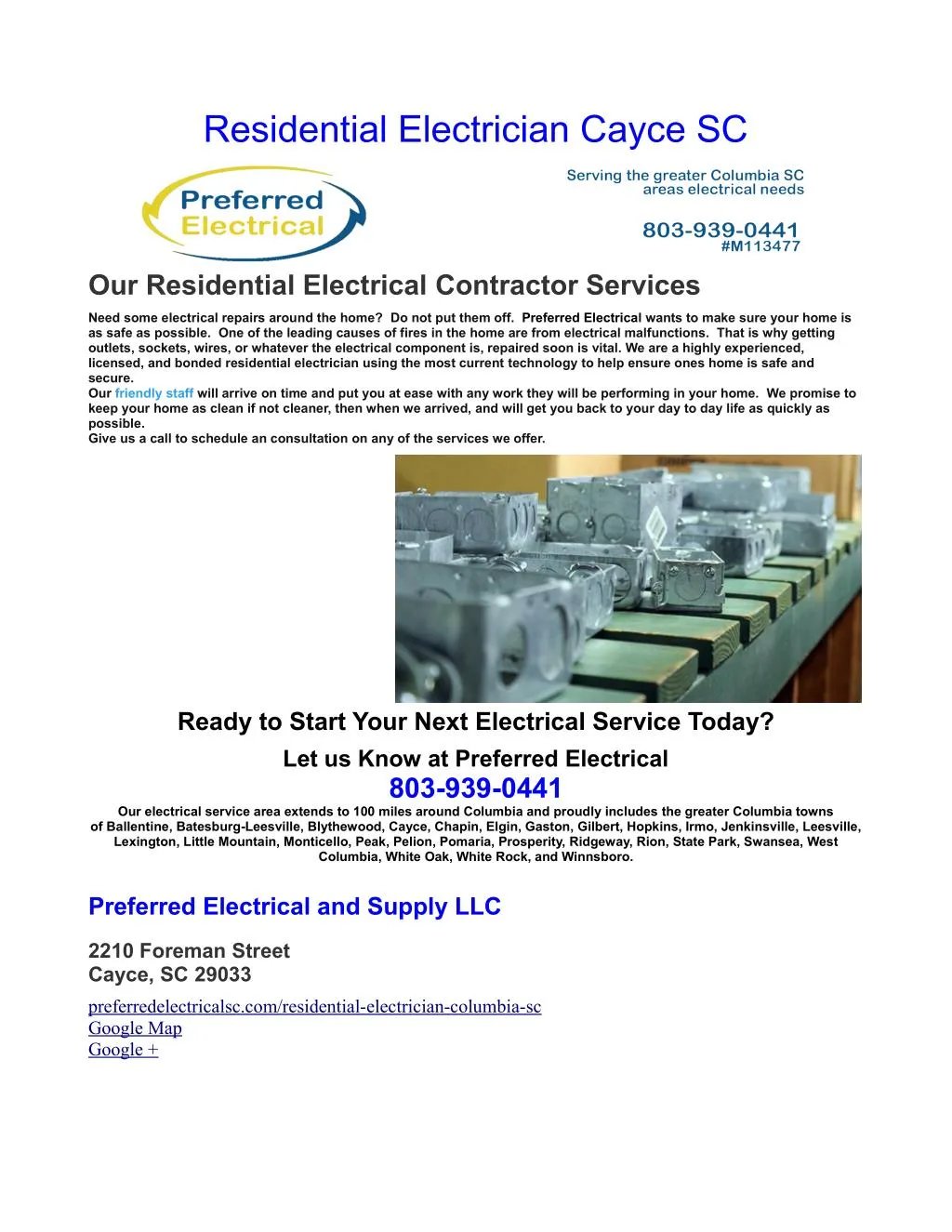 residential electrician cayce sc