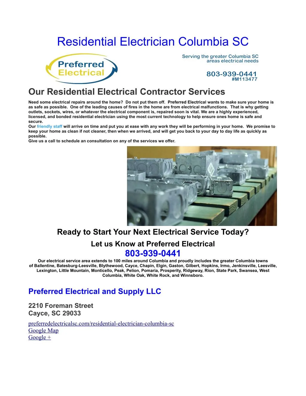 residential electrician columbia sc