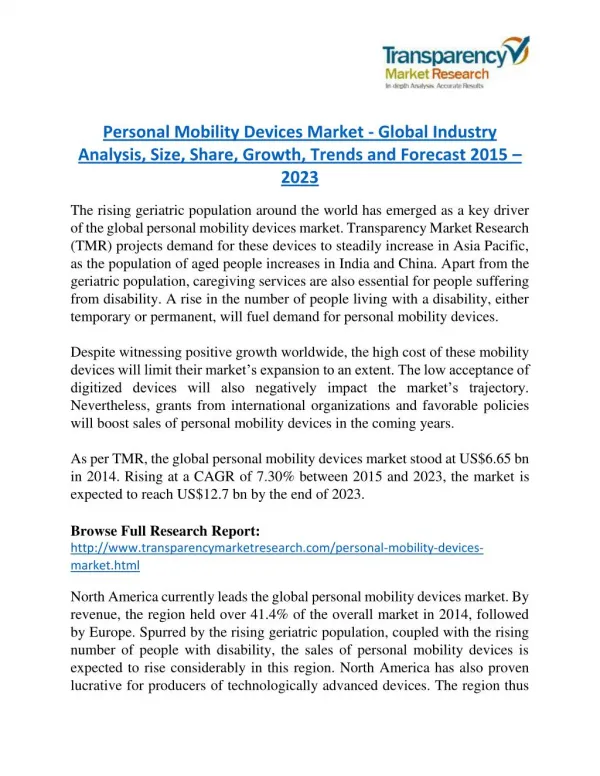 Personal Mobility Devices Market worth US$ 12.7 Billion by 2023