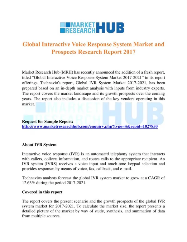 Global Interactive Voice Response System Market and Prospects Research Report 2017