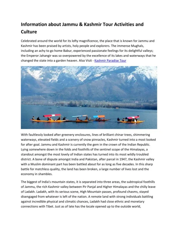 Information about Jammu & Kashmir Tour Activities and Culture