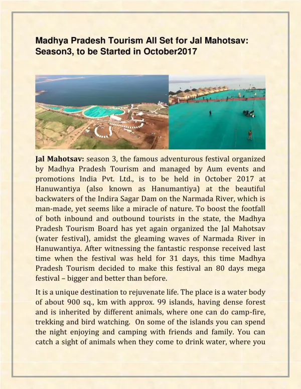 Madhya Pradesh Tourism All Set for Jal Mahotsav: Season3, to be Started in October2017