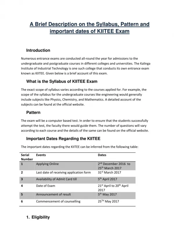 A Brief Description on the Syllabus, Pattern and important dates of KIITEE Exam