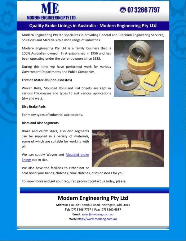 Quality Brake Linings in Australia - Modern Engineering Pty Ltd