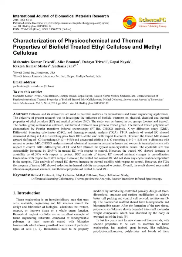 Physicochemical and Thermal Properties of Biofield Treated Ethyl Cellulose and Methyl Cellulose