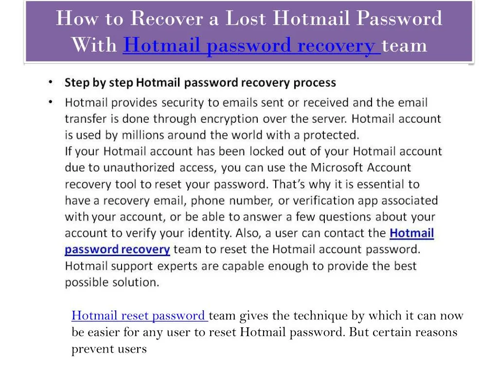 how to recover a lost hotmail password with hotmail password recovery team