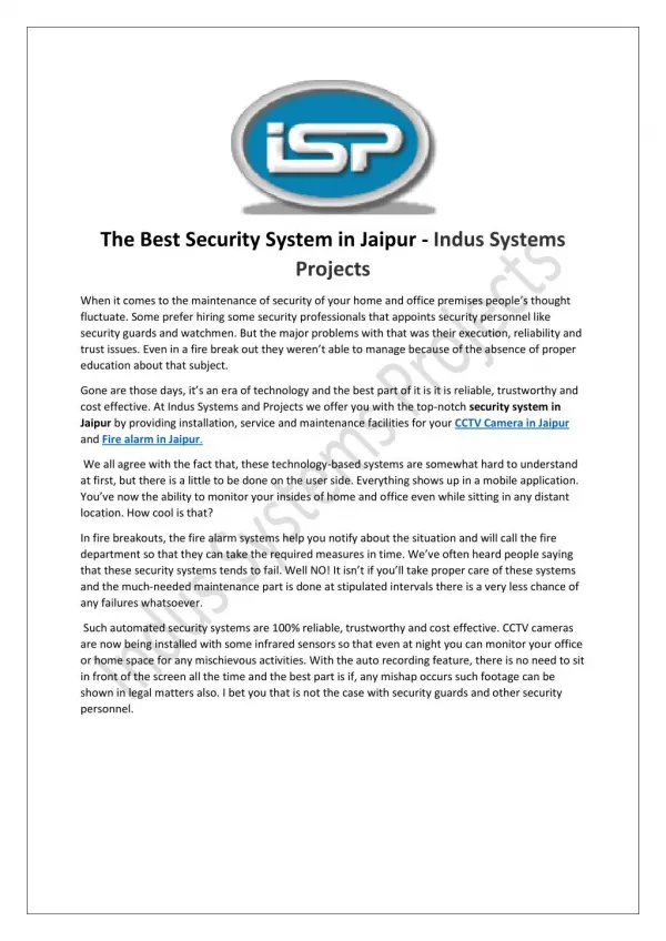 The Best Security System in Jaipur - Indus Systems Projects