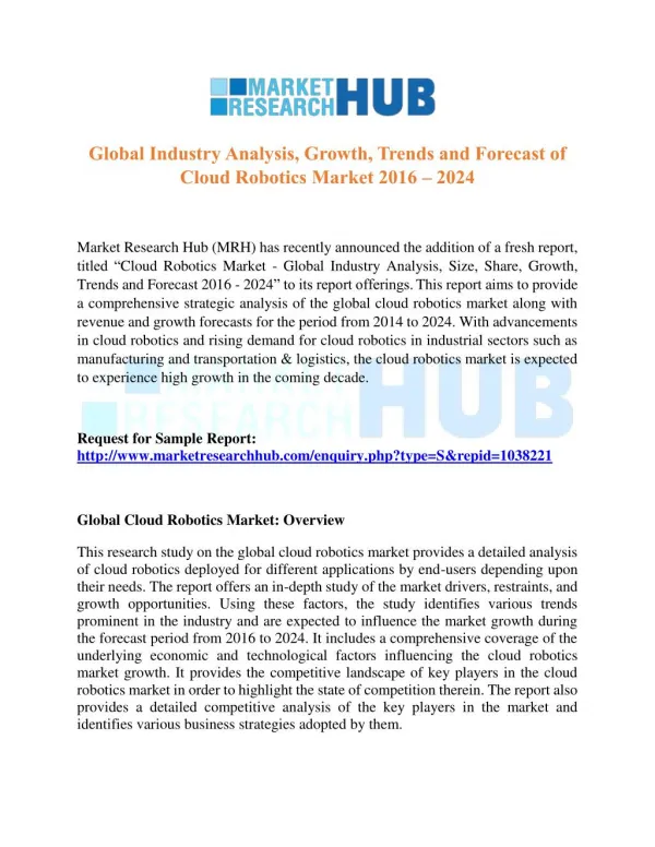 Global Industry Analysis and Forecast Report of Cloud Robotics Market 2016 – 2024