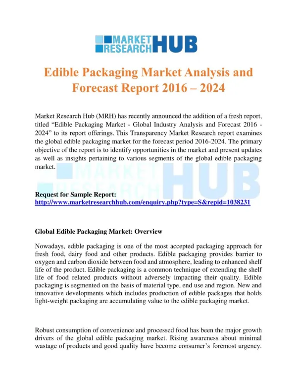 Edible Packaging Market Analysis and Forecast Report 2016 – 2024