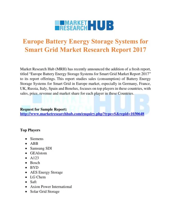 Europe Battery Energy Storage Systems for Smart Grid Market Research Report 2017
