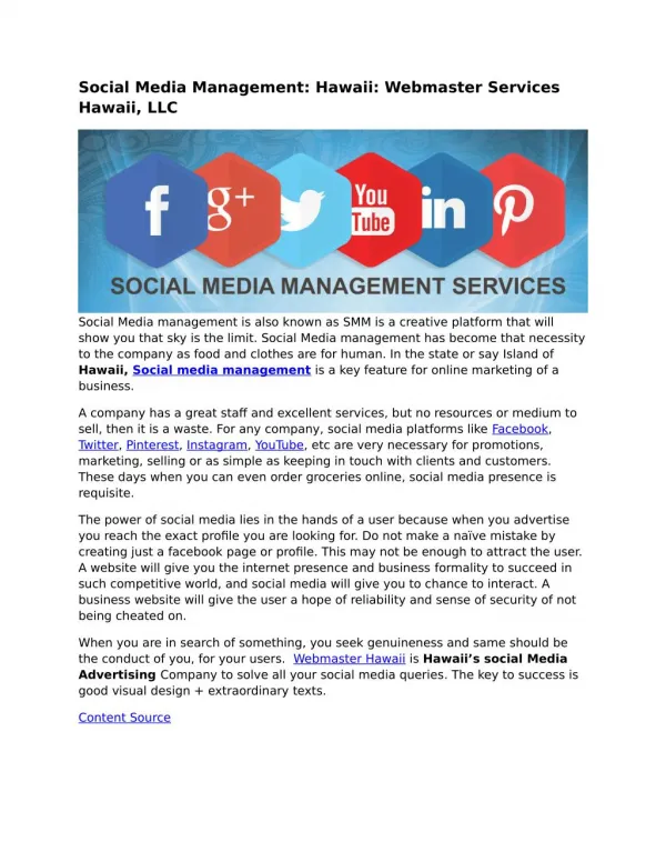 Social Media Management: Hawaii: Webmaster Services Hawaii, LLC