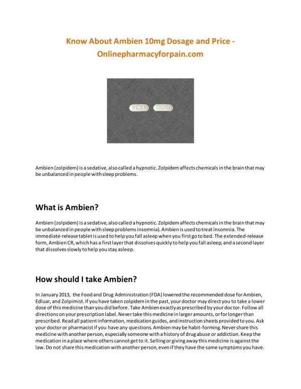 Know About Ambien 10mg Dosage and Price - Onlinepharmacyforpain.com