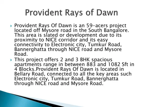 Provident Rays of Dawn | Mysore road Bangalore | 2 & 3 BHK apartments.