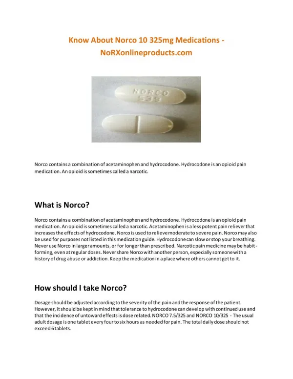 Know About Norco 10 325mg Medications - NoRXonlineproducts.com