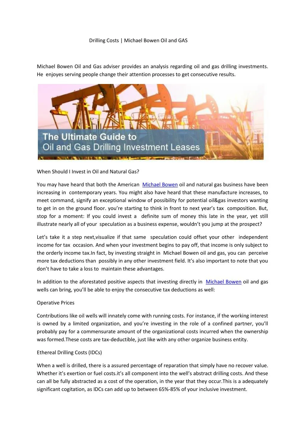 drilling costs michael bowen oil and gas