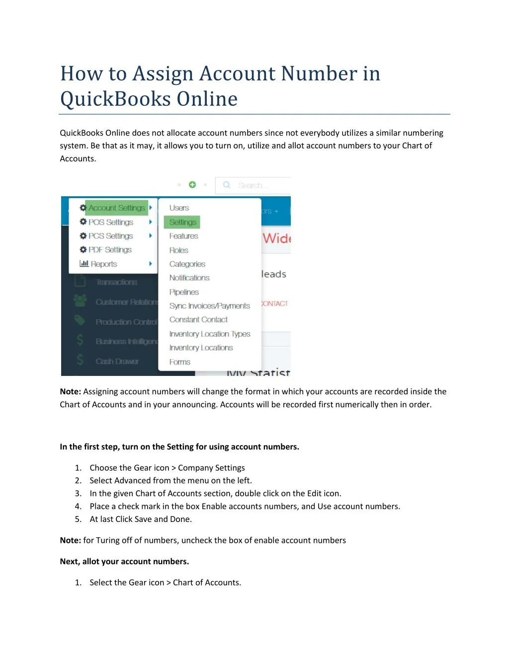 how to assign account number in quickbooks online