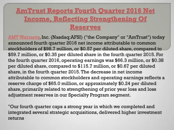 AmTrust Reports Fourth Quarter 2016 Net Income, Reflecting Strengthening Of Reserves