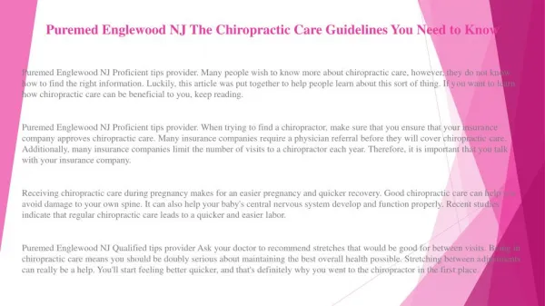 Puremed Englewood NJ The Chiropractic Care Guidelines You Need to Know