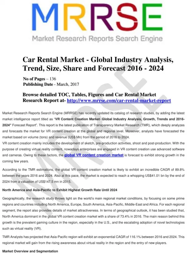 Global Car Rental Market is All Set to Witness a Strong CAGR of 14.40% during the forecast Period of 2014-24, says TMR
