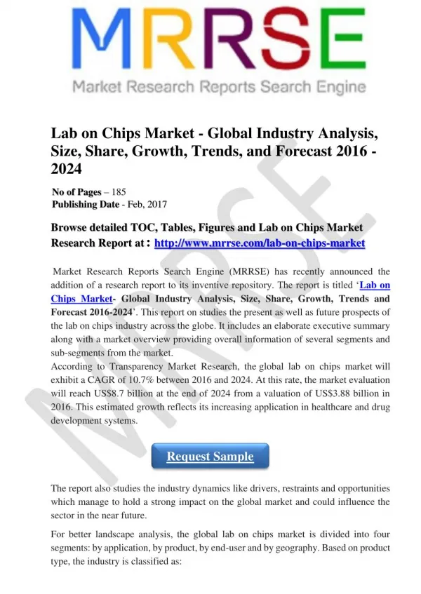 Global Lab on Chips Market: Driven by Healthcare & Drug Development Applications Expected to Exhibit a CAGR of 10.7% dur