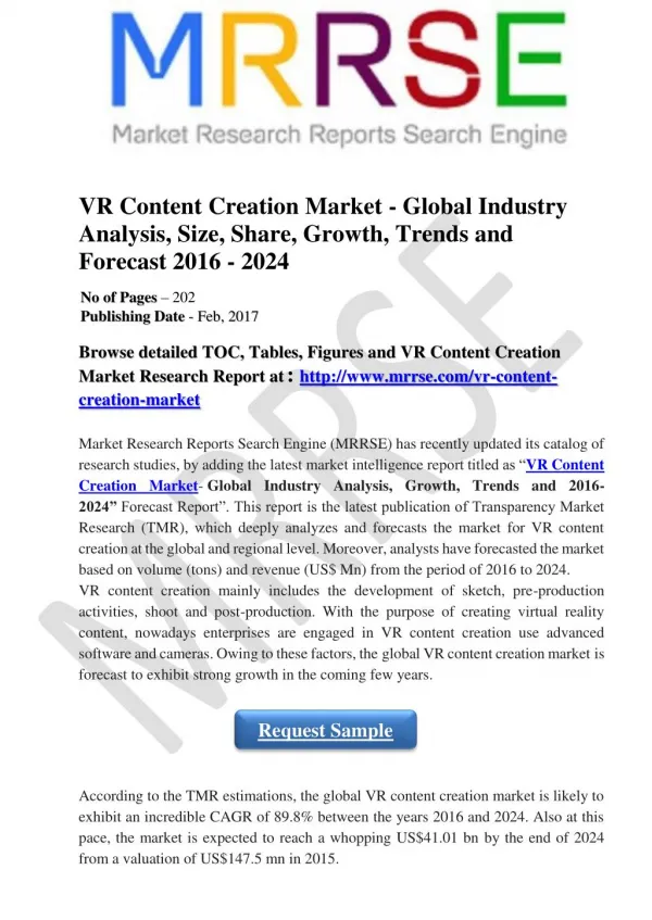 Global VR Content Creation Market Witnessed to surge at a notable CAGR of 89.8% by 2024
