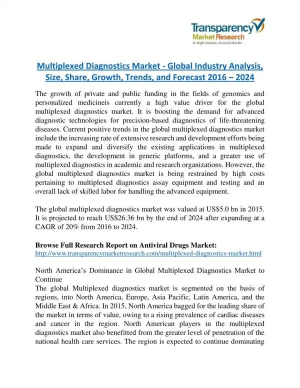 Multiplexed Diagnostics Market will rise to US$ 26.36 Billion by 2024
