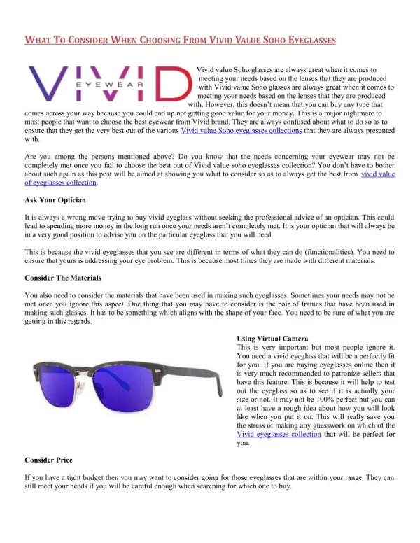 vivid Value Soho Eyeglasses Collection from Daniel Walters