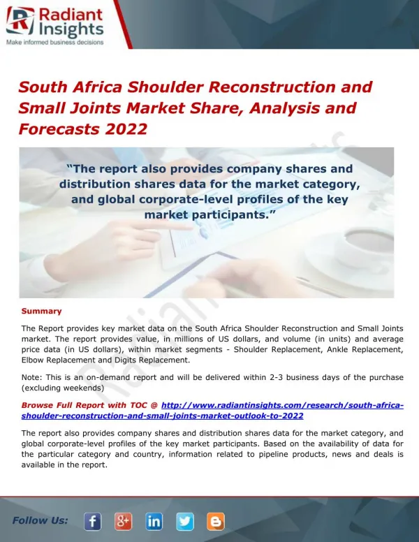 South Africa Shoulder Reconstruction and Small Joints Market Opportunities and Outlook 2022
