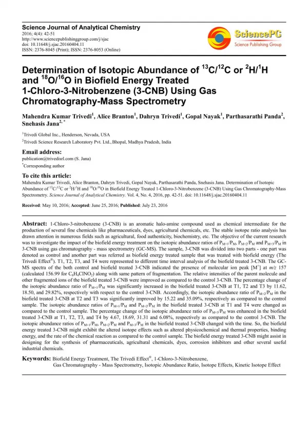 Determination of Isotopic Abundance of 13C/12C or 2H/1H and 18O/16O in Biofield Energy Treated 1-Chloro-3-Nitrobenzene (
