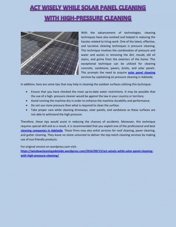 Act Wisely while Solar Panel Cleaning With High-Pressure Cleaning