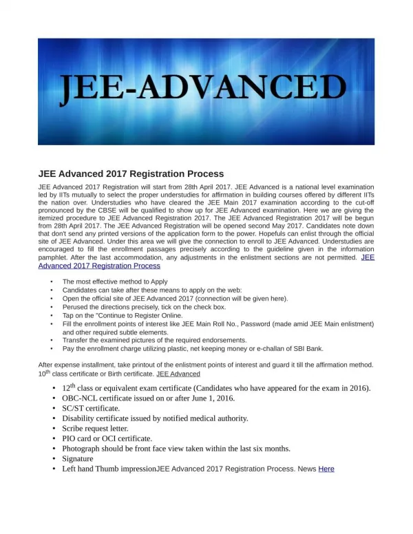 JEE Advanced Registration Process 2017 Here