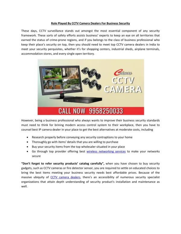 Role Played By CCTV Camera Dealers For Business Security