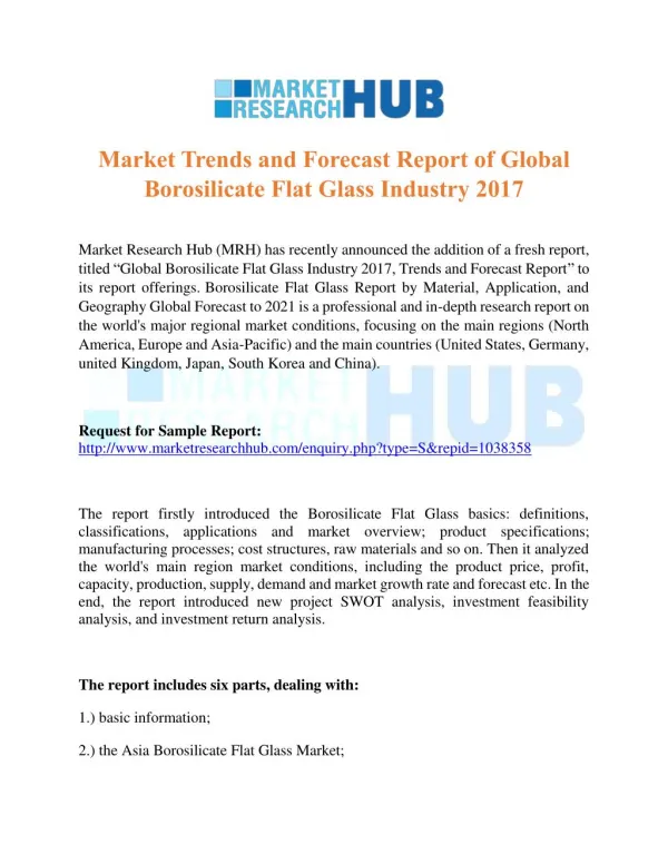 Market Trends and Forecast Report of Global Borosilicate Flat Glass Industry 2017