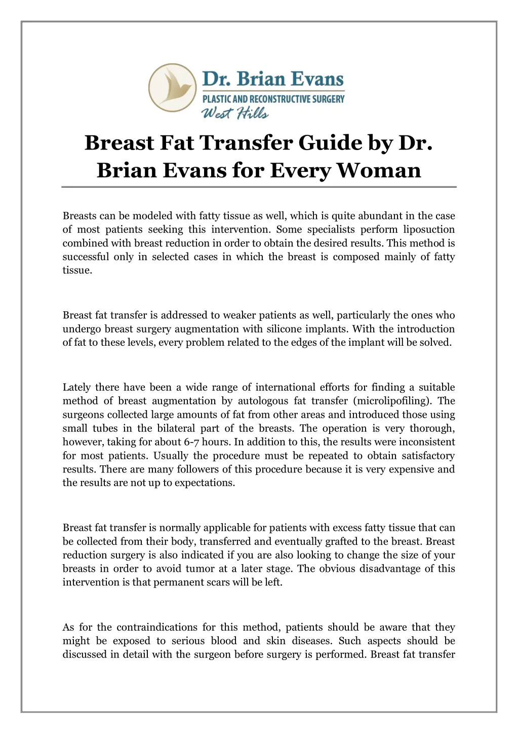 breast fat transfer guide by dr brian evans